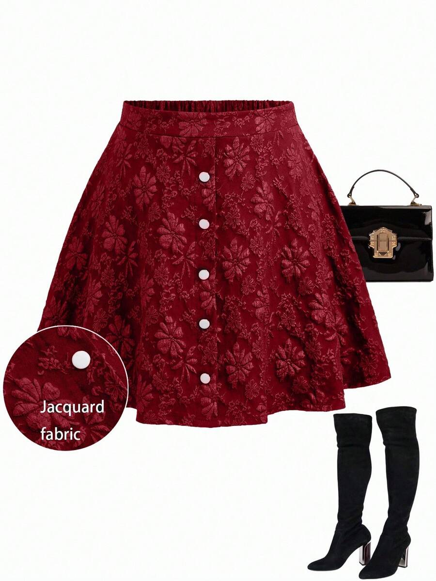 SHEIN Unity 大码女式优雅纹理面料前扣 A 字裙，适合日常穿着 - 紅色 - 查看 1