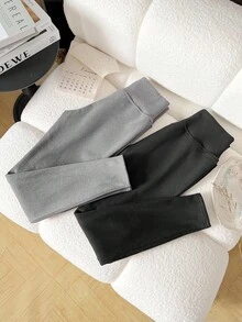 SHEIN Teen Girls' Black & Gray Thermal Lined Skinny Leggings Set