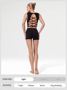 GLOWMODE Ultrafine Soft Seamless Crisscross Crush Sweat-Wicking Open Back Removable Cups Square Neck Cropped Knit Tank Medium Impact Running Jogging Training Gym Workout - Black - View 5