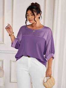Cravure Plus Size Round Neck 3/4 Raglan Sleeve Purple Autumn Elegant Formal Metallic Fabric Patchwork Contrast Color Woven Cuff Casual Commute Party Shirt - Violet Purple - View 5