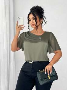 Elenzga Plus Size Asymmetrical Ruffle Collar Button Decor Short Sleeve Elegant Blouse - Army Green - View 5