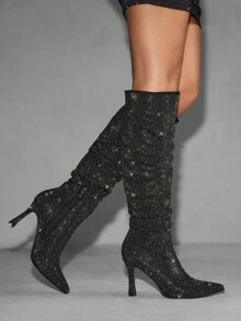 CUCCOO SZL 女士尖头水钻装饰褶饰过膝长靴，性感细高跟及膝长靴，适合夜店派对 - 黑色 - 查看 5