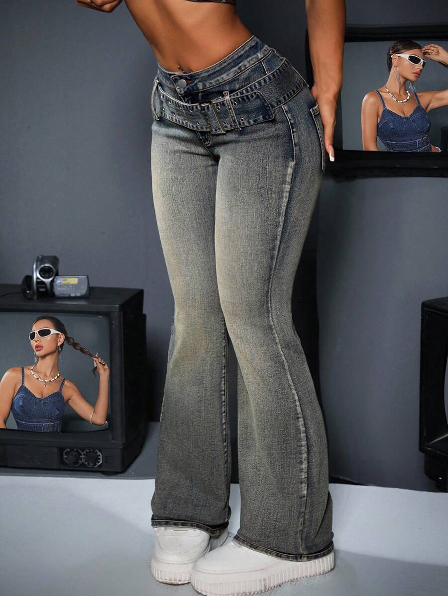 SHEIN PETITE Jean évasé vintage lavé taille basse pour femmes, femmes de petite taille - Bleu azur - Voir 1