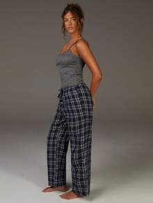 Athîral 女士两件套休闲露背撞色蕾丝紧身吊带背心和格子裤睡衣 - 深灰色 - 查看 3