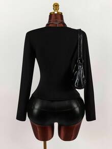 Áo bra dài tay cổ khoét sâu họa tiết da báo phong cách Y2K Amplova dành cho nữ, gợi cảm và phá cách, phù hợp mặc hàng ngày, dáng rộng, kiểu Y2K, áo nữ phong cách Gothic, áo liền thân dài tay gợi cảm, trang phục Halloween cho du lịch hàng ngày, áo đen. - màu đen - Xem 2