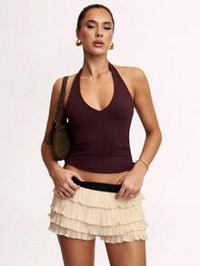 Avenya Women's Contrast Color Low Waist Pleated Ruffle Hem Shorts Skirt - Apricot - View 6