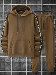 Manfinity Homme 男士秋季字母带抽绳连帽运动衫和运动裤休闲两件套 - 彩色 - 查看 3