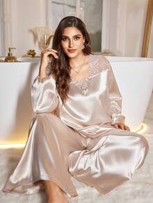 SHEIN Bộ đồ ngủ dài tay cổ chữ V ren cao cấp bằng vải satin thanh lịch, áo và quần dài, bộ đồ ngủ cô dâu cỡ lớn, bộ đồ ngủ ren, bộ đồ ngủ bằng vải satin, quần áo thu đông - Rượu sâm banh - Xem 4