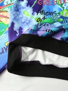 ROMWE MEN Street Life Sudadera holgada con capucha de estampado tie-dye con eslogan y alienígena, de estilo casual y urbano para hombre, para primavera/otoño - Morado - Ver 4