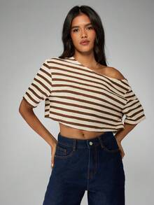 MISSGUIDED 露肩针织短款上衣休闲周末七分袖宽领罗纹条纹夏季休闲衬衫 - 咖啡棕 - 查看 4