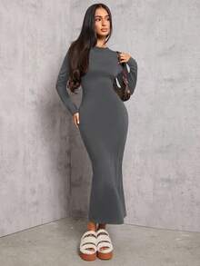 SHEIN PETITE 纯色褶腰黑色长袖连衣裙 - 深灰色 - 查看 6