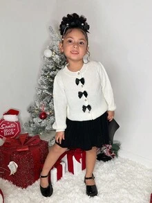 2 pezzi/set Blusa bianca con fiocco decorativo e gonna nera per ragazze, adatta per autunno/inverno - Bianco e nero - Visualizzare 3