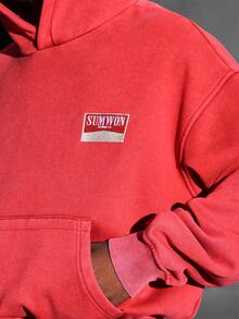 SUMWON Relaxed Fit Washed Cotton Pullover Hoodie With Drawstring Hood And Centre Pocket Street Style Casual Leisure Winter Fall Loungewear Plain - Red - View 4