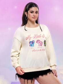 My Little Pony X SHEIN Plus Size Women Casual Cute Cartoon Unicorn & Letter Print Dropped Shoulder Loose Pullover Sweatshirt, Spring/Autumn Cute Sweatshirt Kawaii Clothes Women Sweatshirts Graphic Sweatshirts