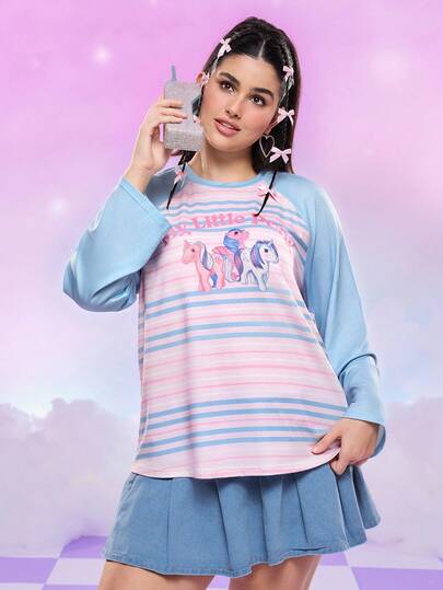My Little Pony X SHEIN 加大码条纹马匹印花长袖 T 恤，秋季可爱上衣 Y2k 女式套头衫女式套头衫可爱女式上衣卡通图案上衣