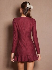 Enchnt Abito in tweed floreale bordeaux romantico per l'autunno e l'inverno, impreziosito da delicati bottoni di perle. Il collo tondo e le maniche lunghe creano un look elegante e di stile, perfetto per feste, appuntamenti, vacanze, lauree, occasioni d'ufficio, uscite, Ognissanti, Natale e altro ancora. È una scelta ideale per abiti autunnali da donna, outfit autunnali, completi autunnali, carnevali e celebrazioni di Capodanno.