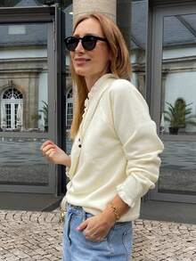 Vivie Lora Women's Ruffled Half-Placket Cute Long Sleeve Sweater Fall/Winter - Apricot - View 4