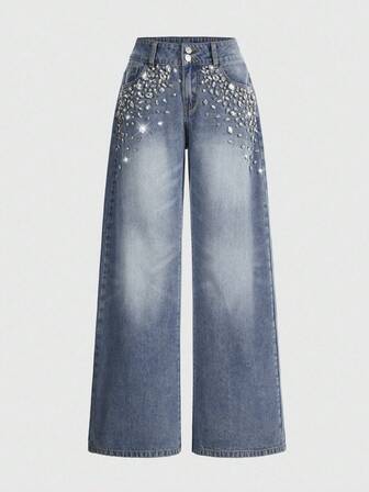 Jeans de pierna ancha con adornos de strass elegantes y de moda para mujer