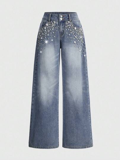Women's Fashionable & Elegant Rhinestone Embellished Wide-Leg Jeans