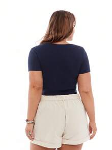 SHEIN EZwear Women's Plus Size  Rib-Knit Solid V-Neck Crop Tee - Navy Blue - View 2