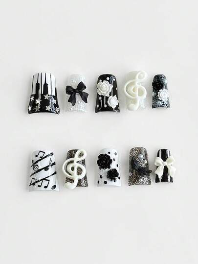 Grunge Punk 10pcs Y2K Style Bowknot, Skull Rivet, Cross, Star Decor High Quality Handmade False Nails + 3pcs Double-Sided Adhesive, Removable Rhinestone Contrast Color Nail Stickers, Suitable For Holidays, Parties, Dancing And Daily Wear