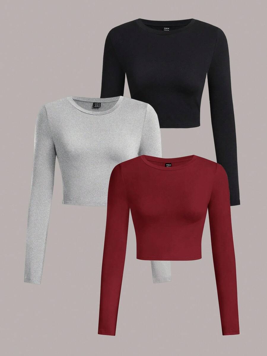 SHEIN EZwear 3 件套休闲简约图案圆领长袖短款修身女式 T 恤,适合秋冬季 - 彩色 - 查看 1