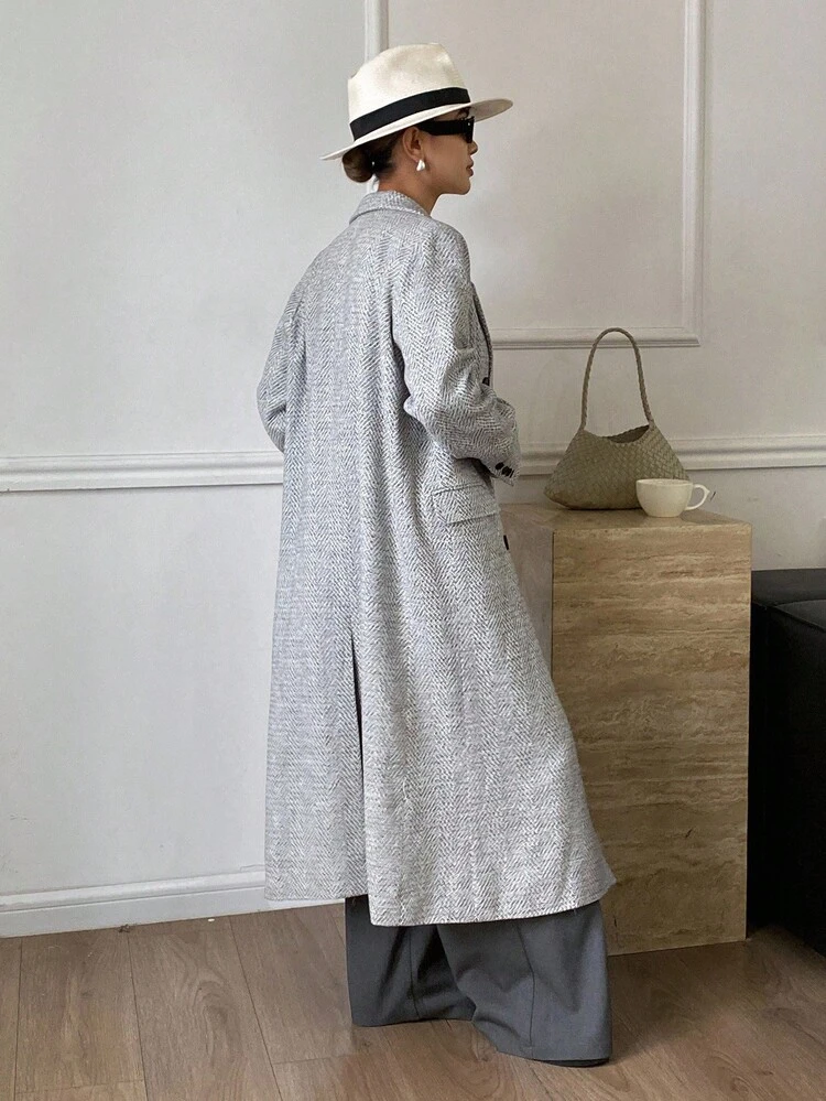 Herringbone Wool Blend Oversized Long Sleeve Double-Breasted Elegant Coat, Thick Autumn/Winter Windbreaker For Women