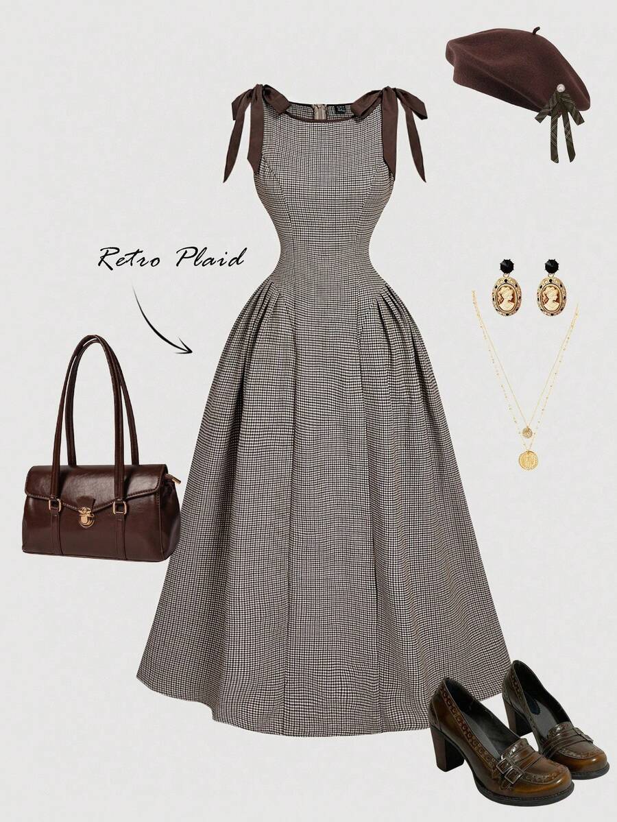 SHEIN MOD 圆领无袖撞色饰边蝴蝶结腰部喇叭格子连衣裙 - 彩色 - 查看 1