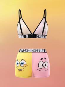 SpongeBob SquarePants | SHEIN Women's Yellow & Pink Colorblock Cartoon Pattern Spaghetti Strap Sexy & Comfy Bikini Bra And Boyshorts Set,Kawaii,Y2K,Cute,Sweet, Funny Lingerie Cute Underwear Set
