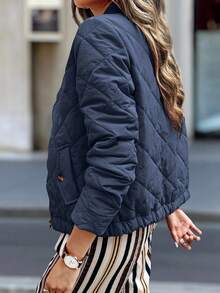 EMERY ROSE Women's Solid Color Long Sleeve Zip-Up Quilted Baseball Jacket, Autumn/Winter - Navy Blue - View 6