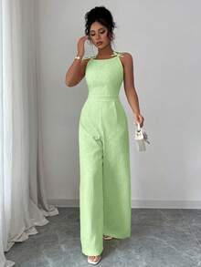 Elenzga Combinaison ample à jambes larges avec taille cintrée en tissu jacquard avec nœud papillon et marguerite, élégante pour les femmes, convient pour les déplacements quotidiens - Vert - Voir 7