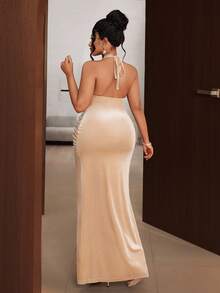 Maweii Plus Size New Year's Women's Music Festival Party Outing, New Year's Party, Evening Social Outing, Fashion Item, Christmas And New Year, Versatile Design, Metal Buckle Decoration, Velvet Fabric, Halter Neck With Straps, Slimming Waist, High-End Slit For Dates, Back To School, Women's Outing Clothing, Date Evening Wear, Party Party Versatile Fashion Design, Round Neck Design Versatile Women's Work DressValentine's Day