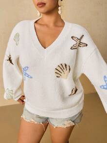 SHEIN VCAY Suéter de punto informal con temática oceánica, talla grande, otoño/invierno - Blanco - Ver 6