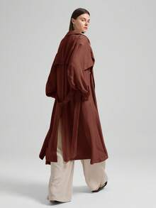 Ontre 女士纯色双排扣风衣，商务休闲宽松舒适中性风，适合机场、工作、外出，优雅的秋冬外套 - 玫瑰紅 - 查看 8