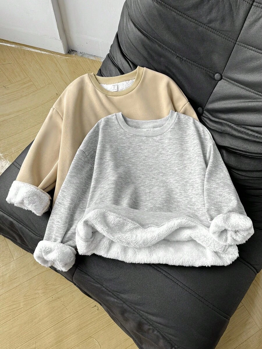 秋冬款 2 件套青少年女童休闲宽松舒适圆领套头衫 - 杏色 - 查看 1