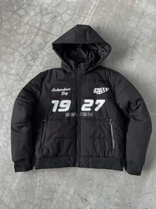 PAVTROS Chaqueta con capucha con cremallera y estampado de letras de manga larga para hombre, para el otoño - Negro - Ver 5