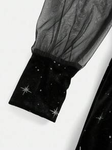 Pitira Teen Girls Glitter Silver Star Print Velvet Black Slim Fit Mini Dress With Spliced Mesh Puff Long Sleeves, Autumn/Winter Party Sun Hem Dress, Gorgeous - Black - View 4