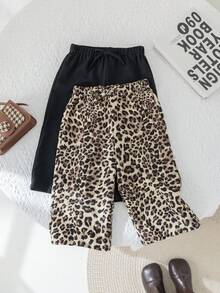 Baby Girl 2pcs Set: Loose Leopard Print Wide Leg Pants And Solid Black Wide Leg Pants , Casual Chic Outfits For Autumn/Winter - Black - View 10