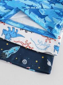 6 件套男童舒适睡衣套装，卡通恐龙、酷炫蓝色海洋鲨鱼、外太空火箭和星球印花，撞色饰边设计，弹力面料 - 彩色 - 查看 5