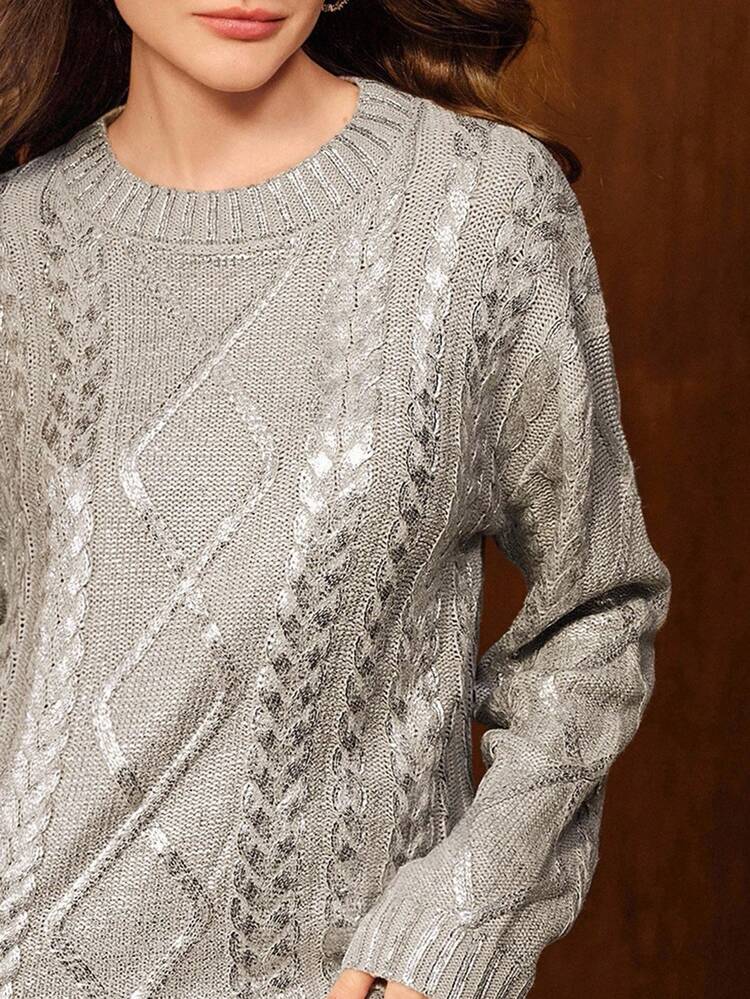 Women's Vintage Elegant Oversized Turtleneck Loose Knit Metallic Foil Sweater, Casual Club Wear, Light Gray Top