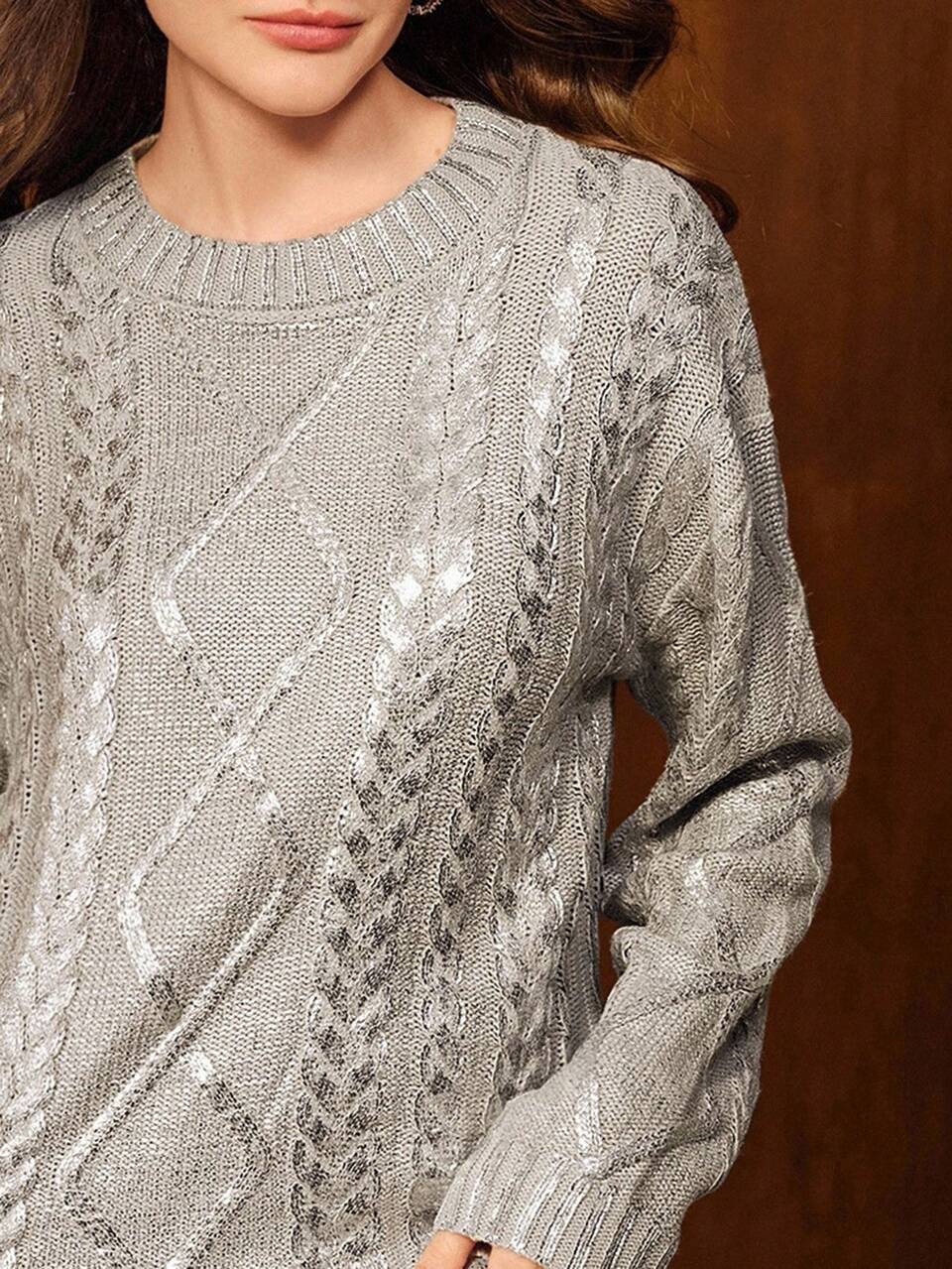 Women's Vintage Elegant Oversized Turtleneck Loose Knit Metallic Foil Sweater, Casual Club Wear, Light Gray Top