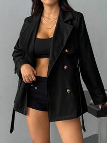 SHEIN PETITE 女式纯色翻领长袖双排扣休闲风衣，秋季 - 黑色 - 查看 6