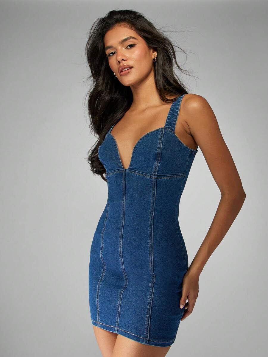 MISSGUIDED 牛仔迷你连衣裙，修身 V 领，紧身无袖，派对夜店穿着，侧拉链开合，夏季弹力棉质深蓝色牛仔裤 - 中等水洗藍 - 查看 1