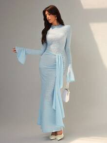 Almamuse Váy ôm sát jacquard viền bèo nhún màu xanh thanh lịch dành cho nữ - Màu xanh lam - Xem 5