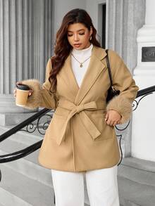Calvaya Plus Size Plus Size Waist Pocket Splice Faux Fur Jacket - Khaki - View 1
