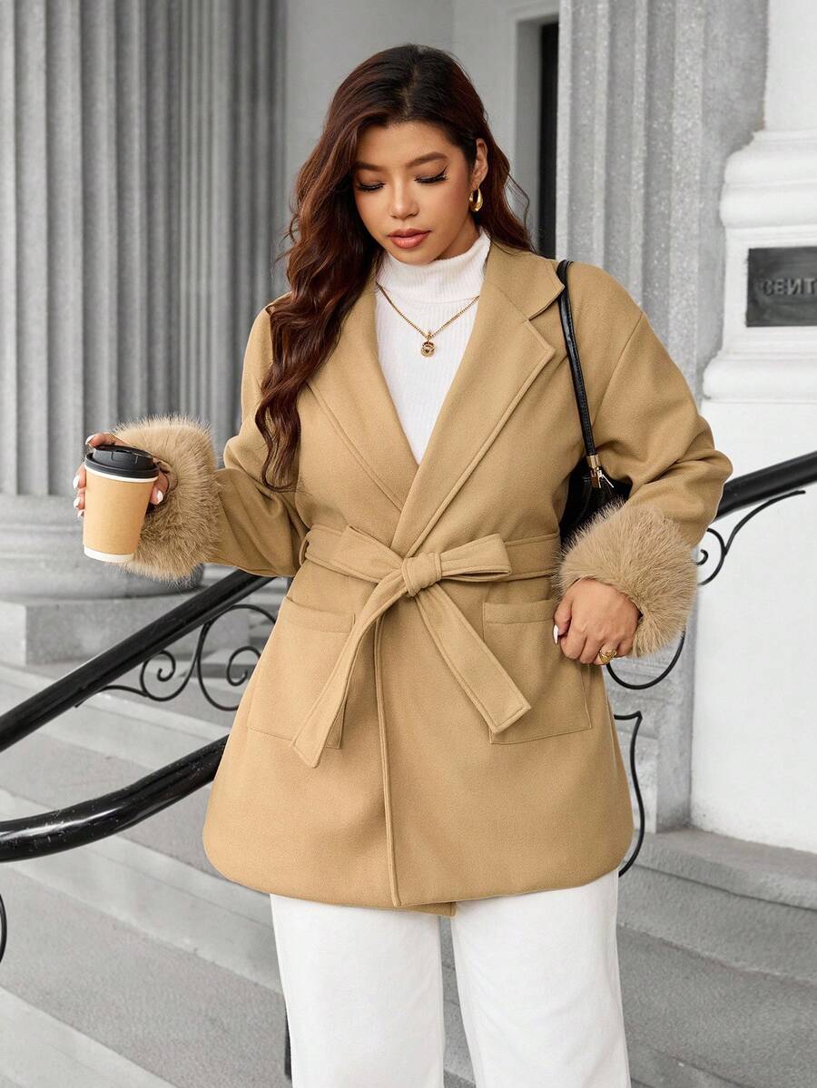 Calvaya Plus Size Plus Size Waist Pocket Splice Faux Fur Jacket - Khaki - View 1