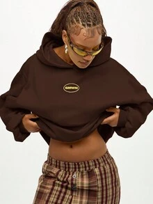 SUMWON WOMEN Áo hoodie thời trang dáng rộng, thiết kế ngắn, tay dài, thường ngày, áo chui đầu có mũ trùm đầu, in họa tiết ở lưng, phong cách đường phố cổ điển, thu đông - màu nâu - Xem 8