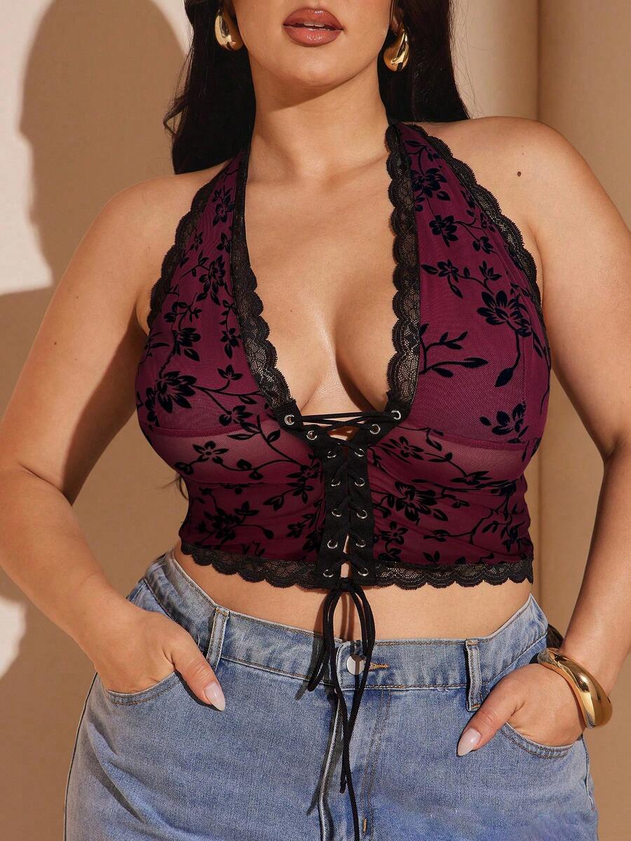 SHEIN BAE Plus Size Women Elegant Sexy Lace Patchwork Deep V-Neck Backless Halter Top, Basic Stretch Knit Slim Fit Crop Top, Y2K Style - Red - View 1