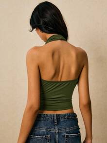 Poéselle 女式纯色垂坠领口金属褶饰时尚露背上衣 - 墨綠色 - 查看 5