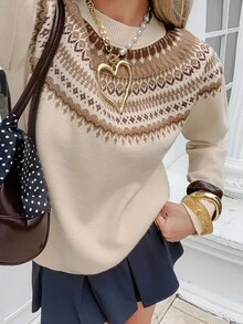 DAZY Áo len họa tiết hoa phối màu đơn giản dành cho nữ, mùa thu, năm mới, giáng sinh - Màu be - Xem 3